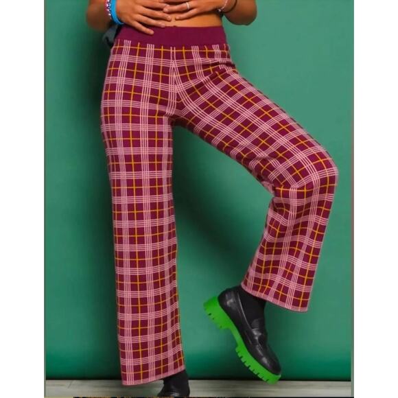 Daydreamer Pants Women Medium Burgundy knit Plaid cropped Dark Academia Preppy - Picture 1 of 14